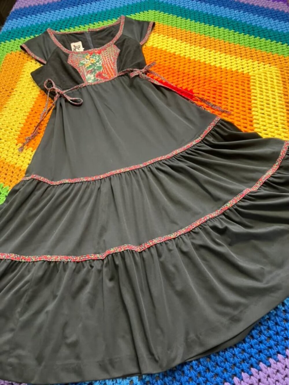 70's Vintage Jody T California Black Rainbow Calico Side Ties Prairie Mini Dress
